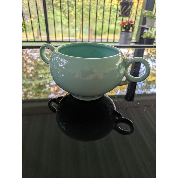 Mid Century Modern Vintage Mist Green Aqua Pottery Sugar Bowl Detailed Handles - Picture 1 of 9